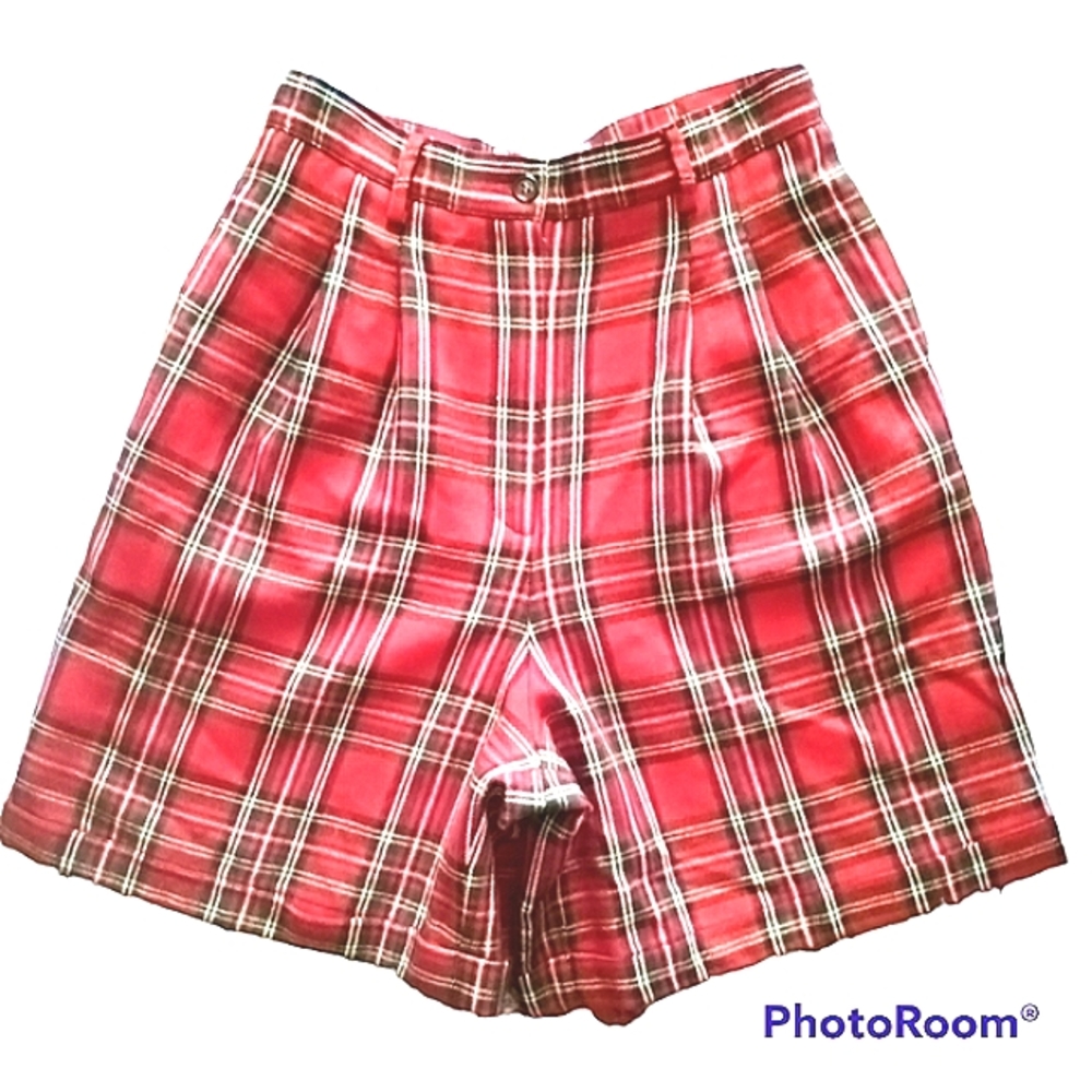 VINTAGE CASUAL CORNER RED TARTAN PLAID WOOL SHORTS SZ 8 PREPPY ACADEMIA RETRO